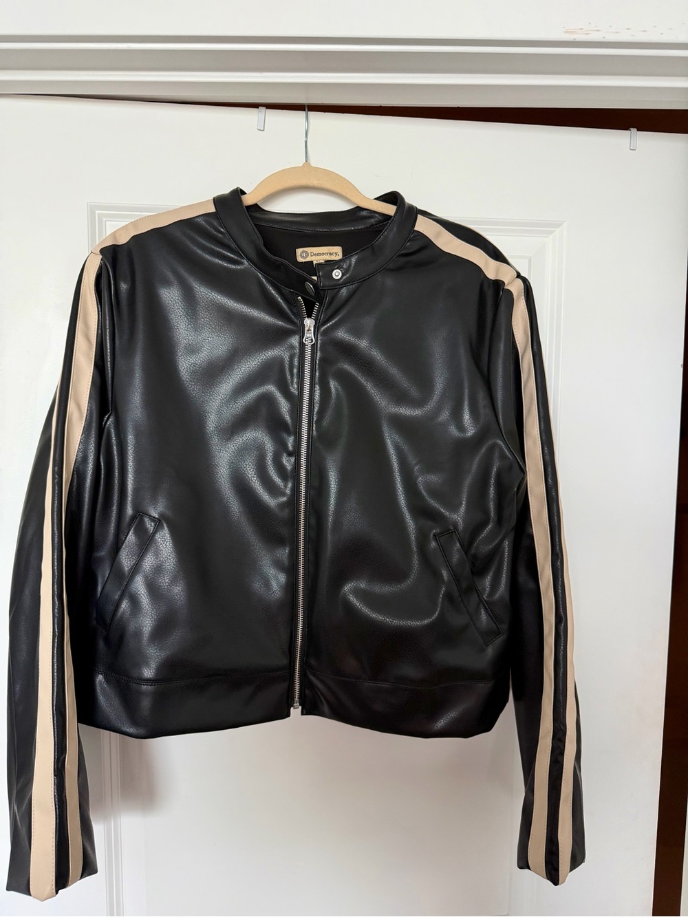 Democracy Black Faux Leather Bomber Jacket with Tan Stripes